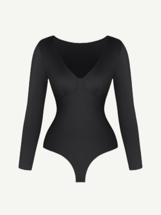 Wholesale V-Neck Long Sleeve Thong Waist Control Bodysuit