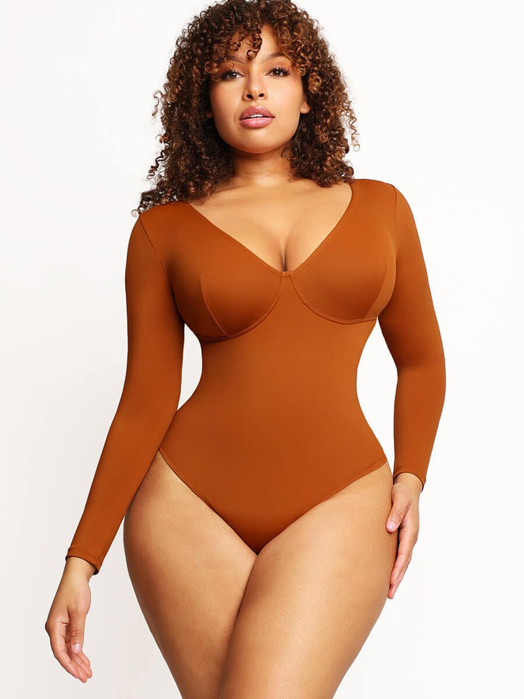 Wholesale V-Neck Long Sleeve Thong Waist Control Bodysuit